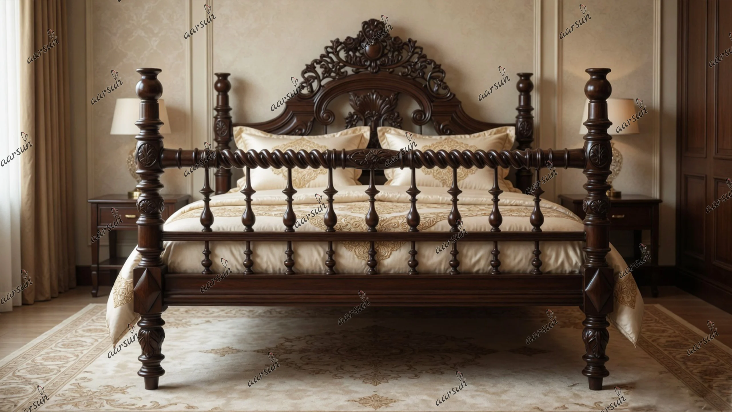 Trendy Semi Poster Bed Queen Size in Walnut Finish