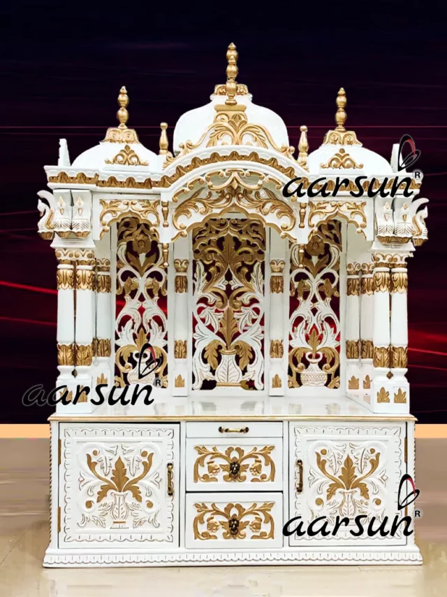 Wooden Customized ISKCON Temple in White and Gold