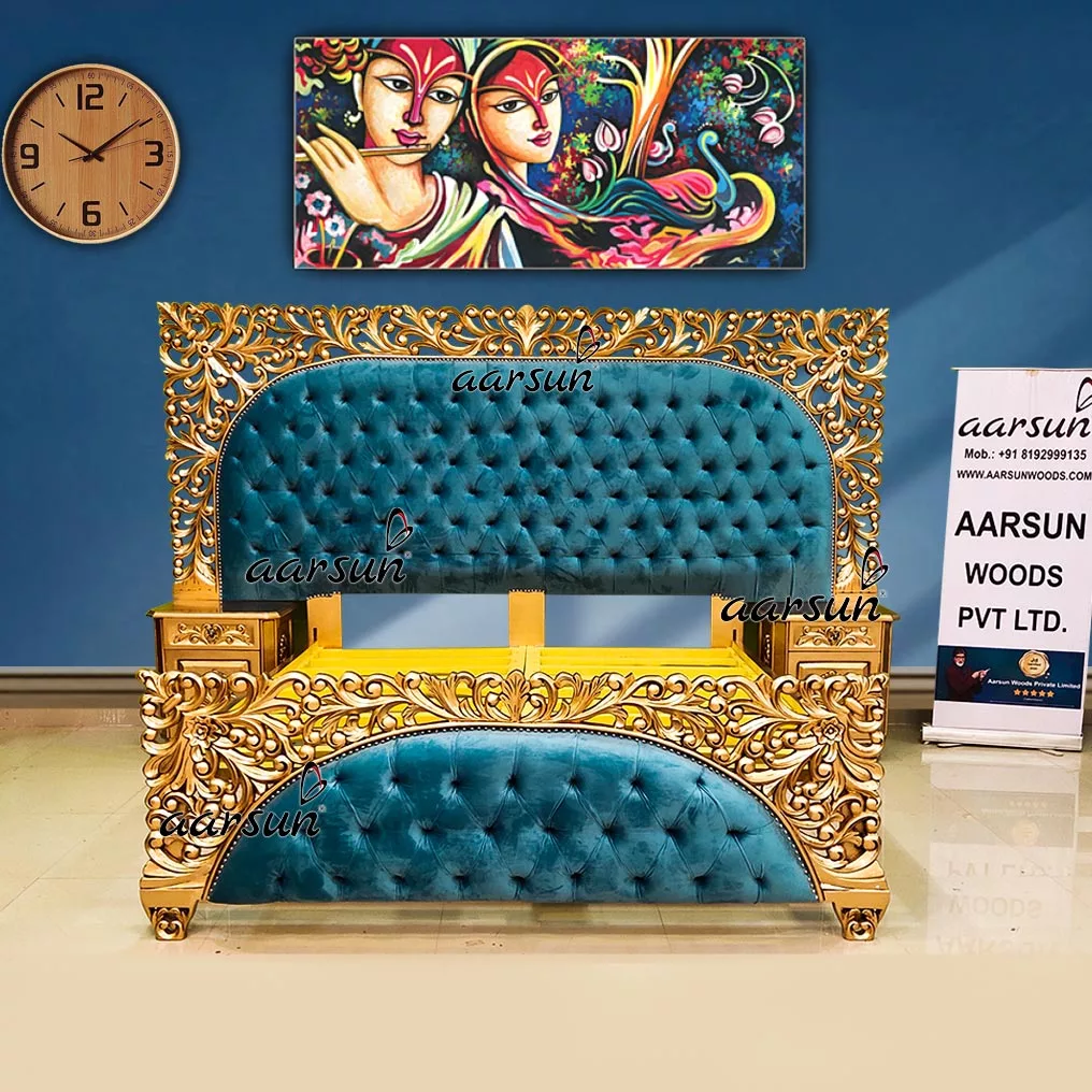 One of 20 Royal Bed Designs by Aarsun in Antique Gold and Tufted Blue Shade