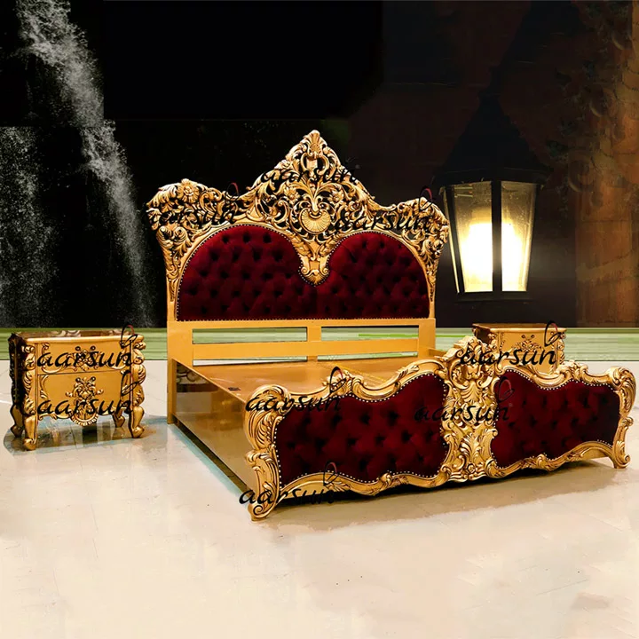 One of 20 Royal Bed Designs by Aarsun in Antique Gold and Tufted Maroon Shade