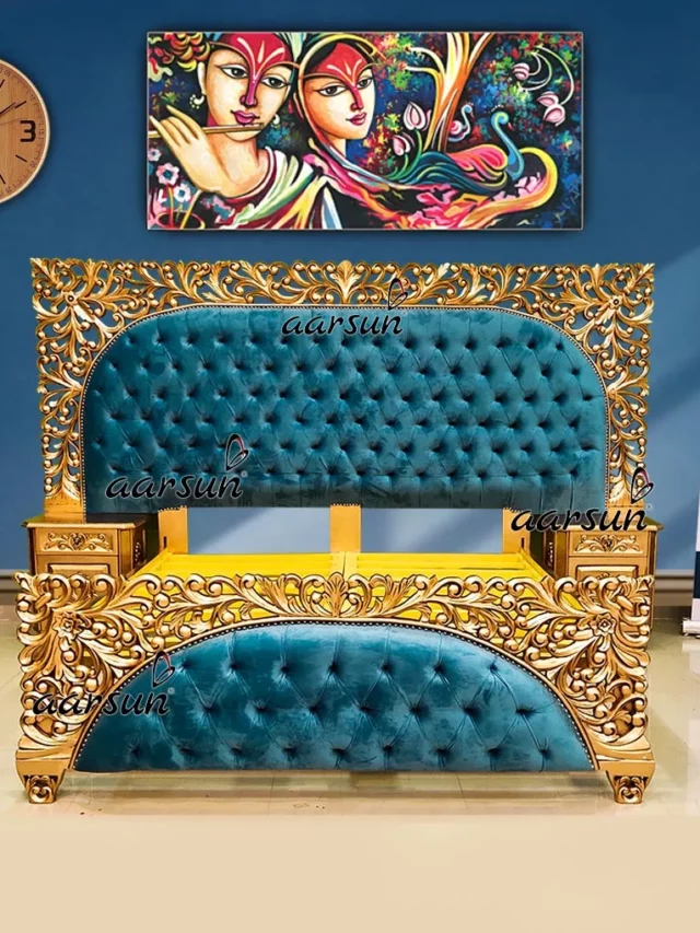 Aarsun Personalized King Size Bed in Teak & Gold Finish UH-YT-477