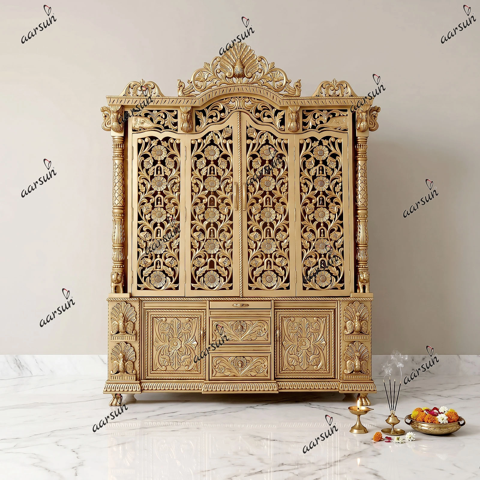 Carved Pooja Temple in Antique Gold YT-672