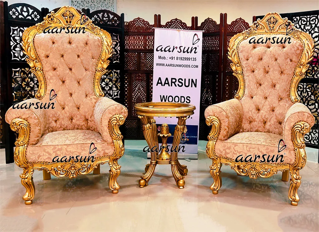 Royal Bedroom Chairs with Tufted Highback and premium side stool in gold