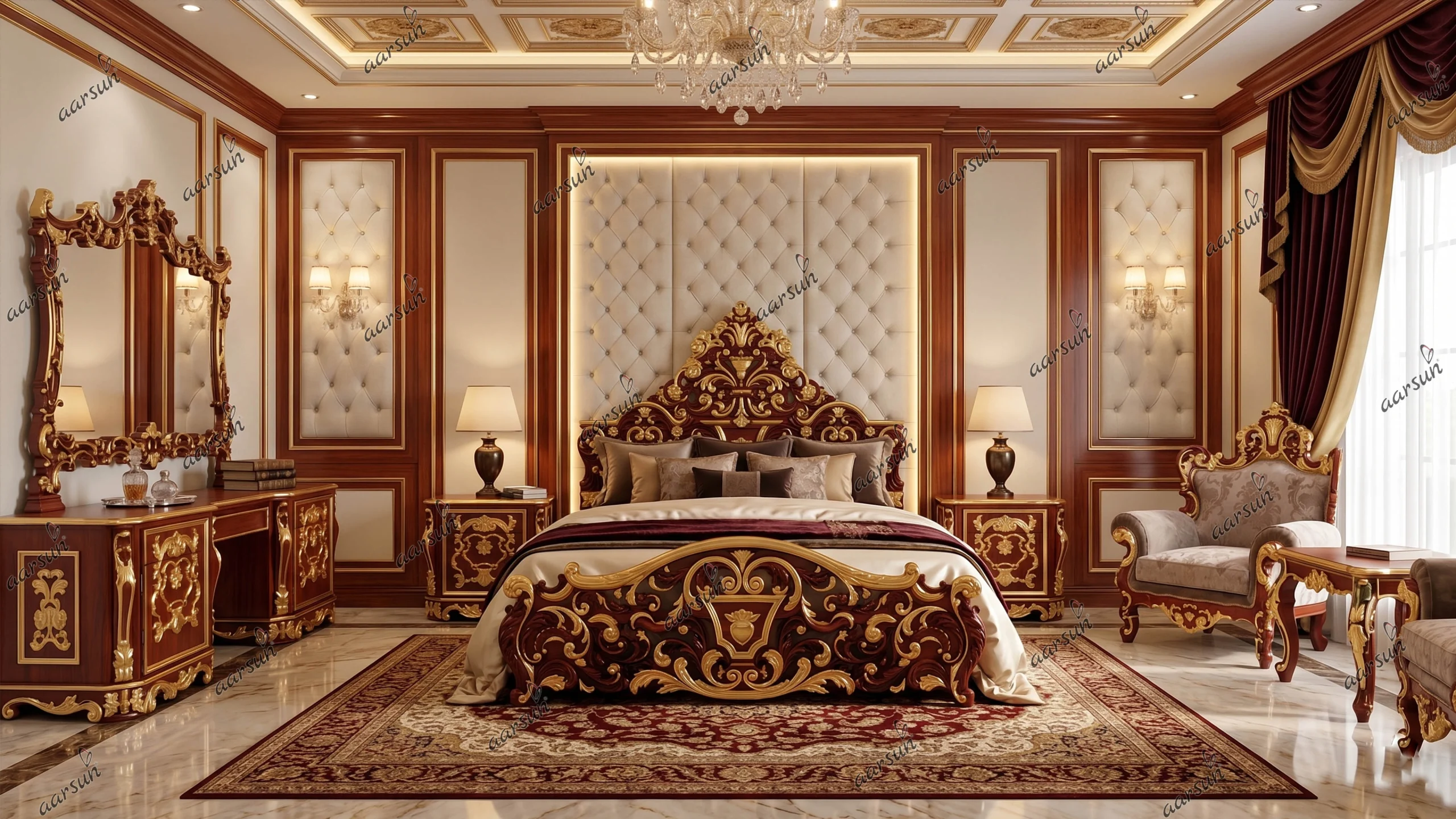 Royal Bedroom Set in Glossy Teak and Gold Highlights
