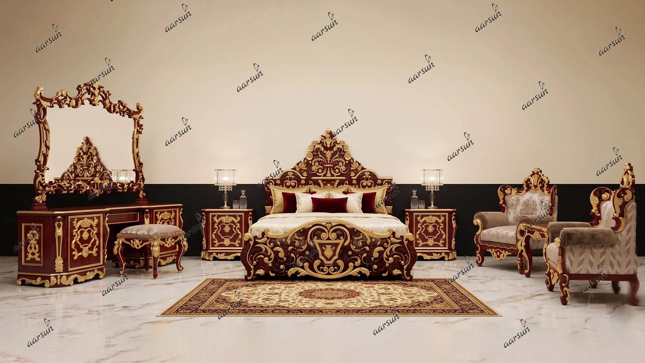 Royal Bedroom Set in Glossy Teak and Gold Highlights