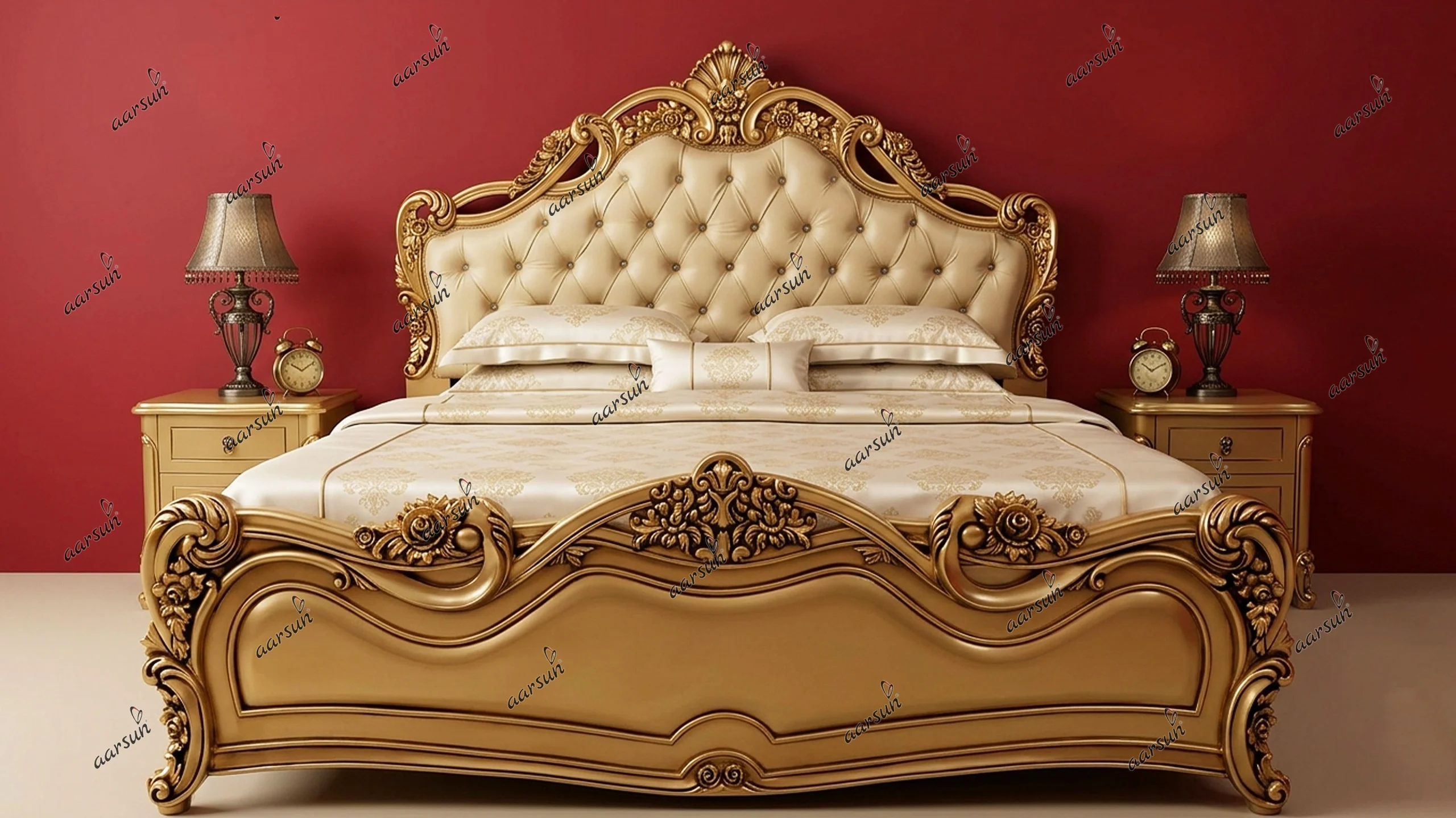 Handmade Floral Design Bed Teak Wood in Gold Finish UH-YT-133