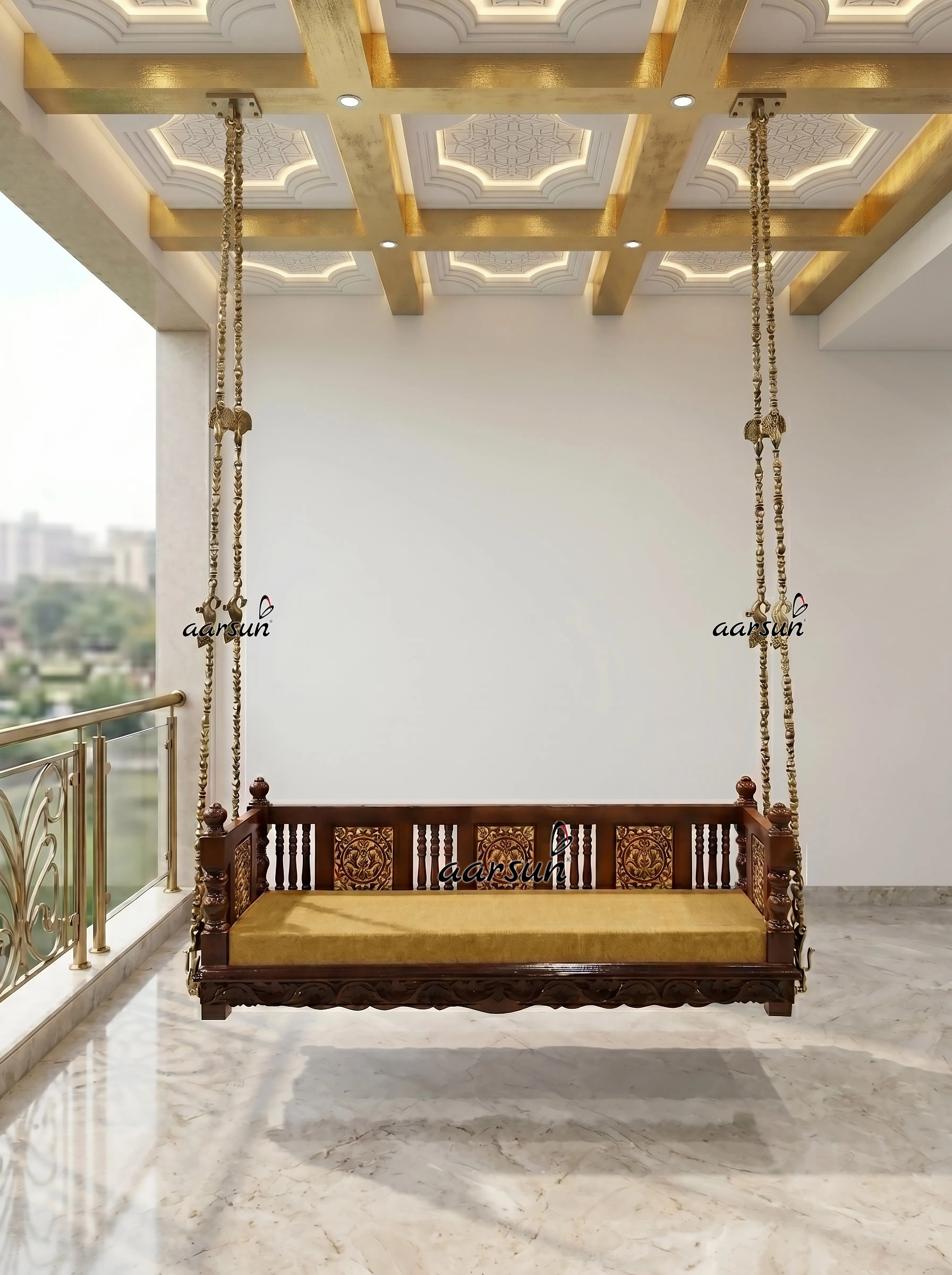 Teak Wood Swing Seat with Gold Highlight