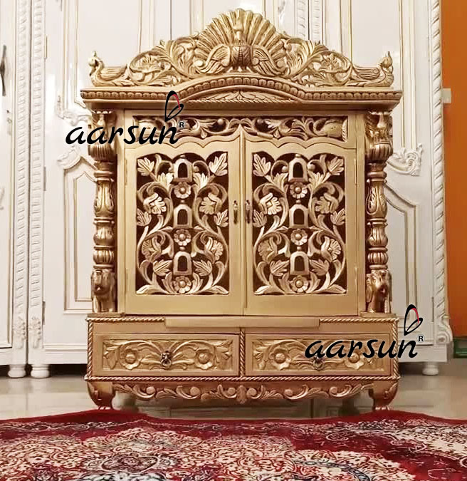 Aarsun Wooden Pooja Mandir In Gold design