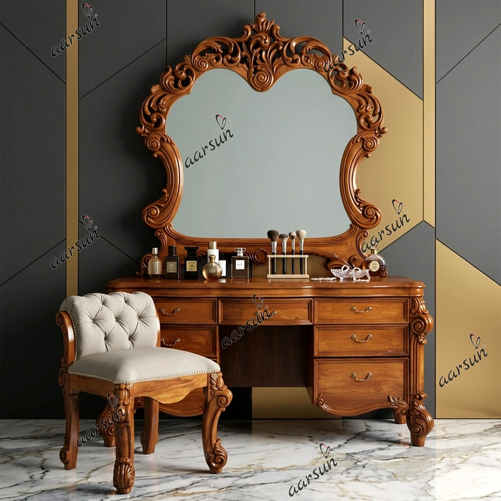 Handcrafted Wooden Queen's Dressing with Stool