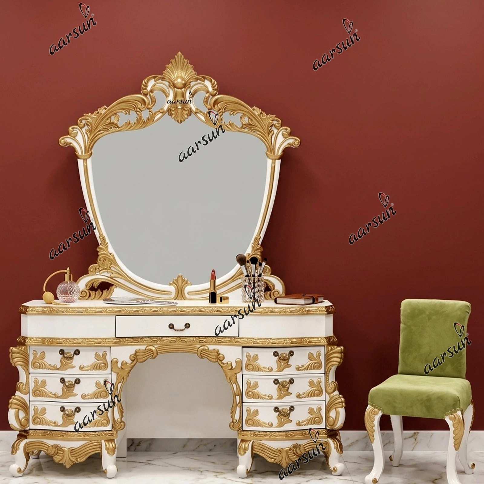 White & Gold Dressing table with Cushioned Stool