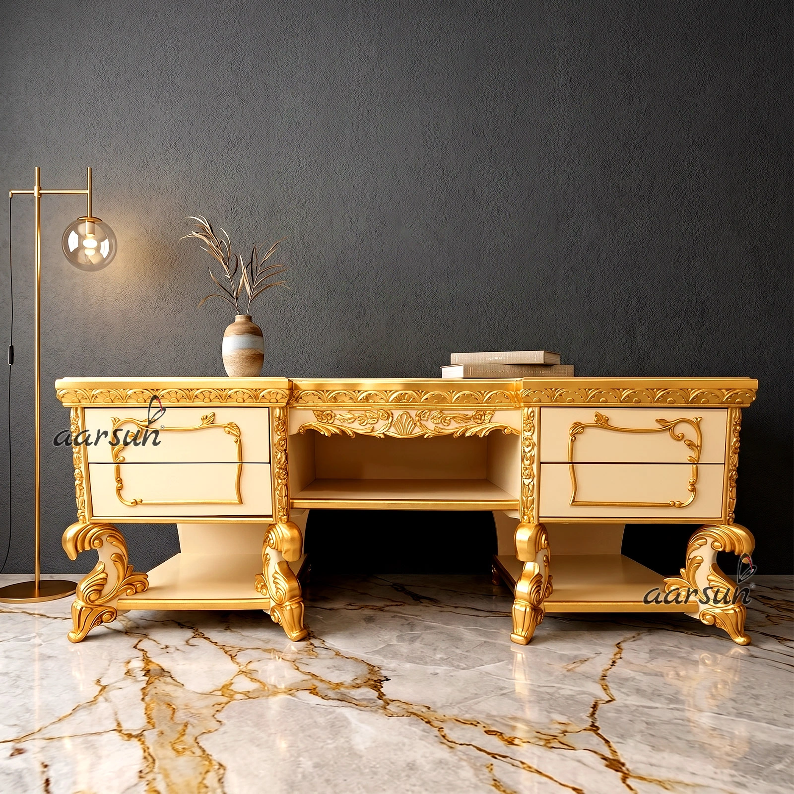 Wood TV Cabinet with Gold Leafing