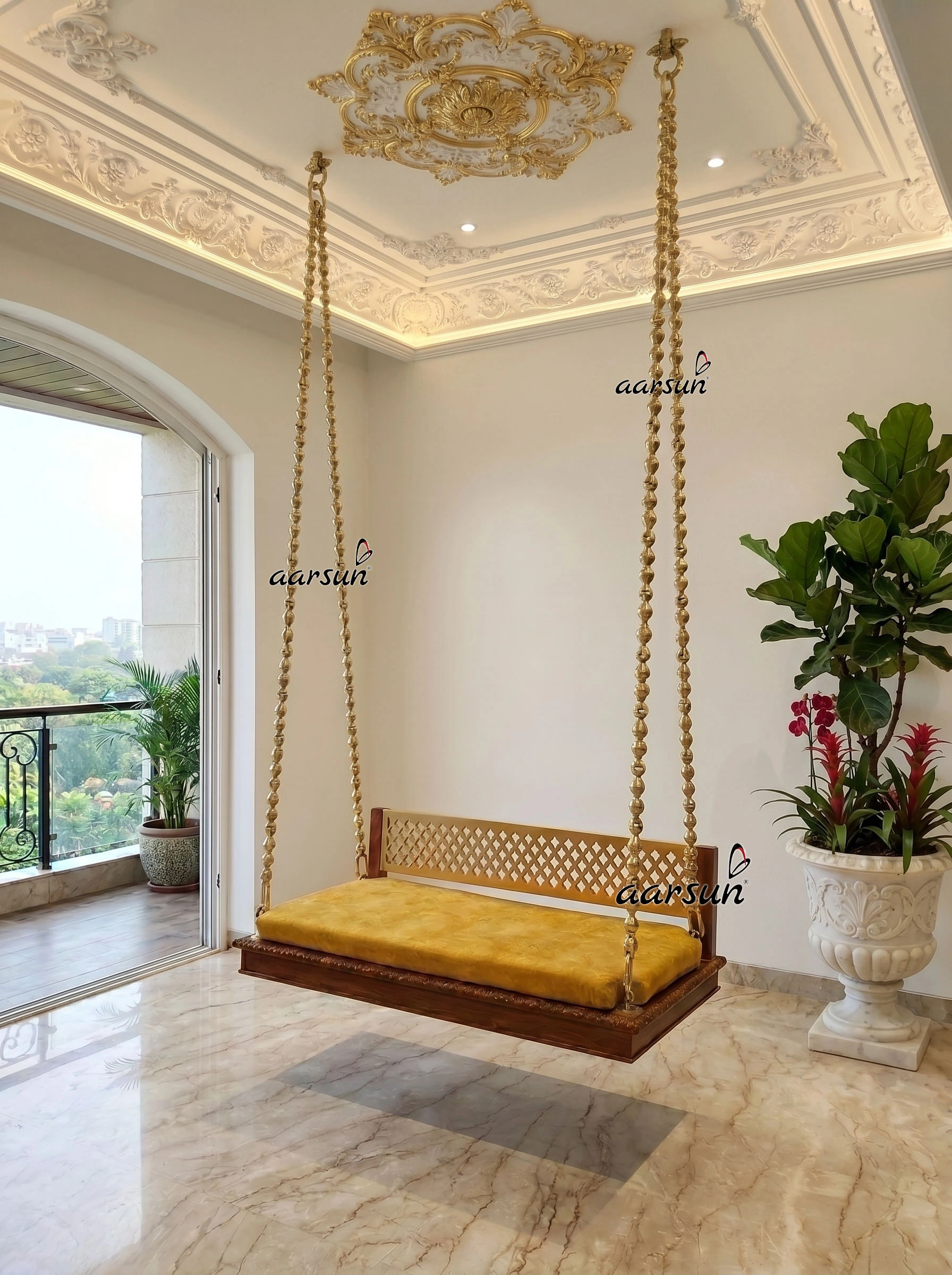 Ceiling Swing Seat with Brass Chain Wooden Jhula