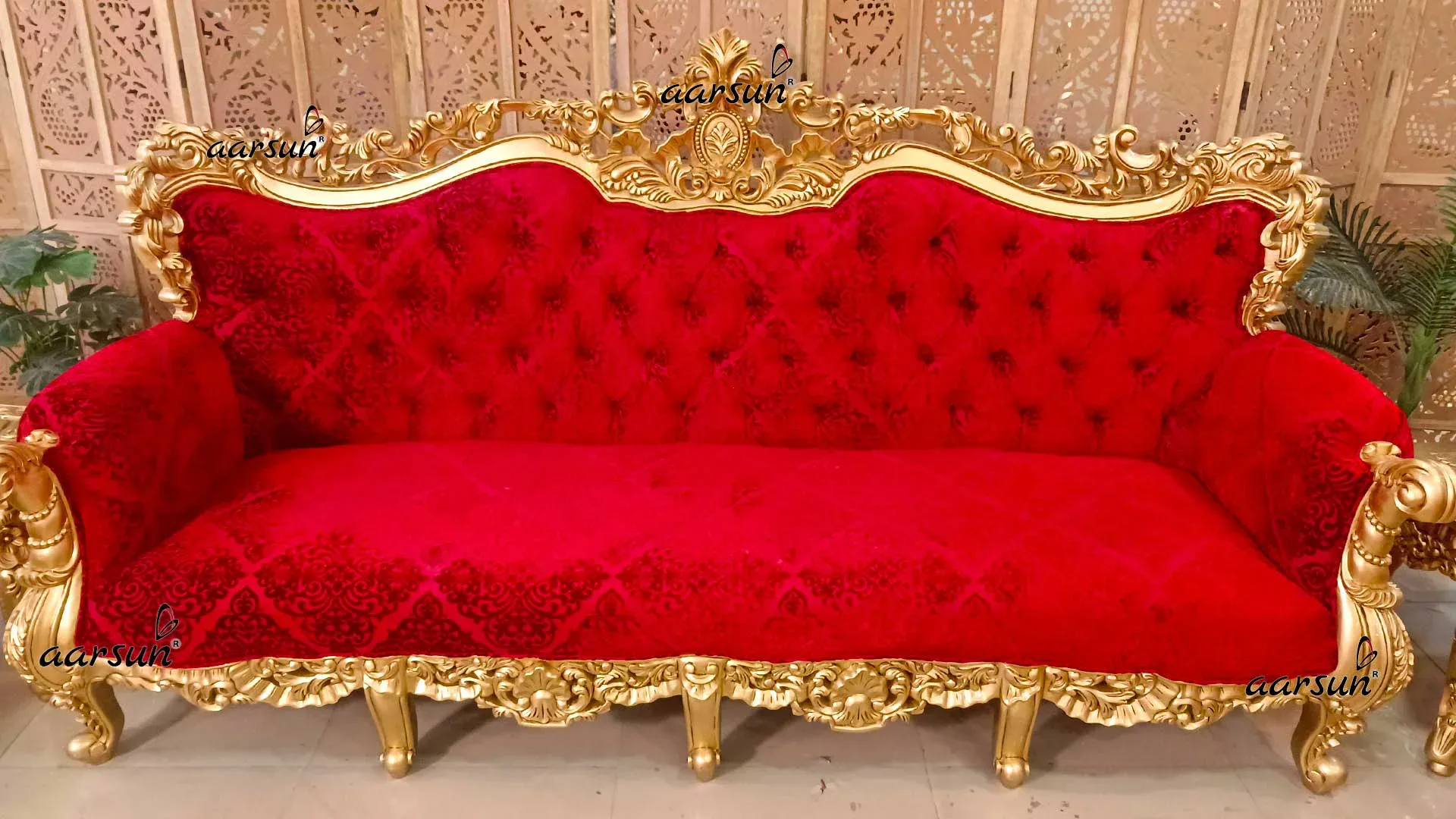 Exclusive gold paint 4 seater sofa design in teak wood best carving design pattern by Aarsun