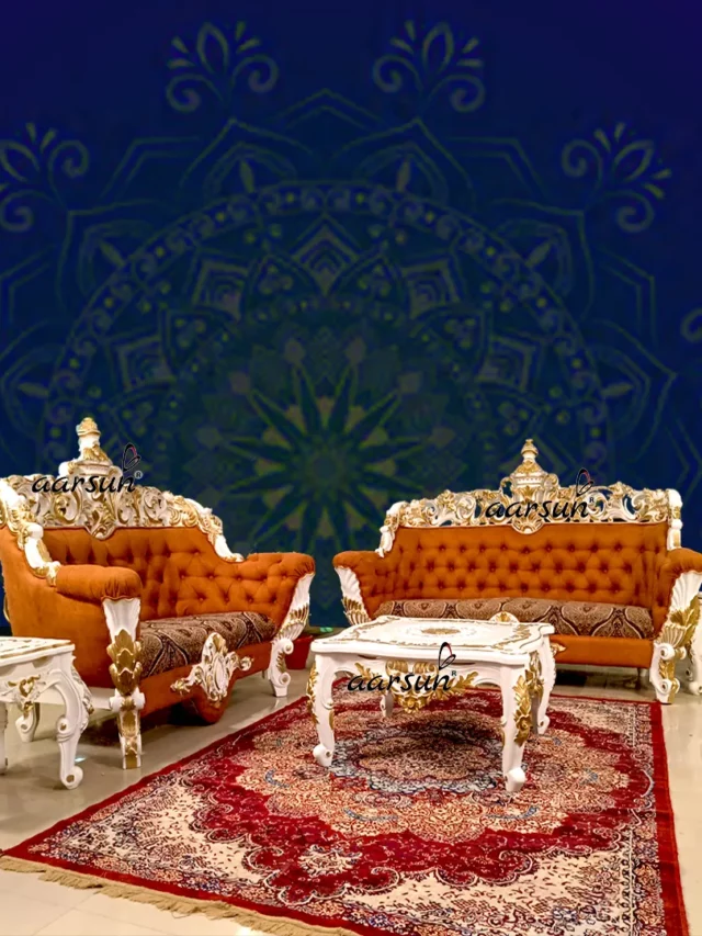 Maharaja Royal Sofa in premium white base finish with golden highlights