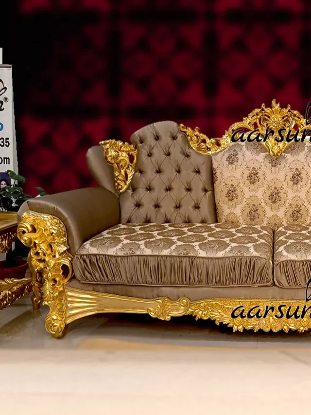 Designer Maharaja Sofa Set in royal gold with multicolor fabric