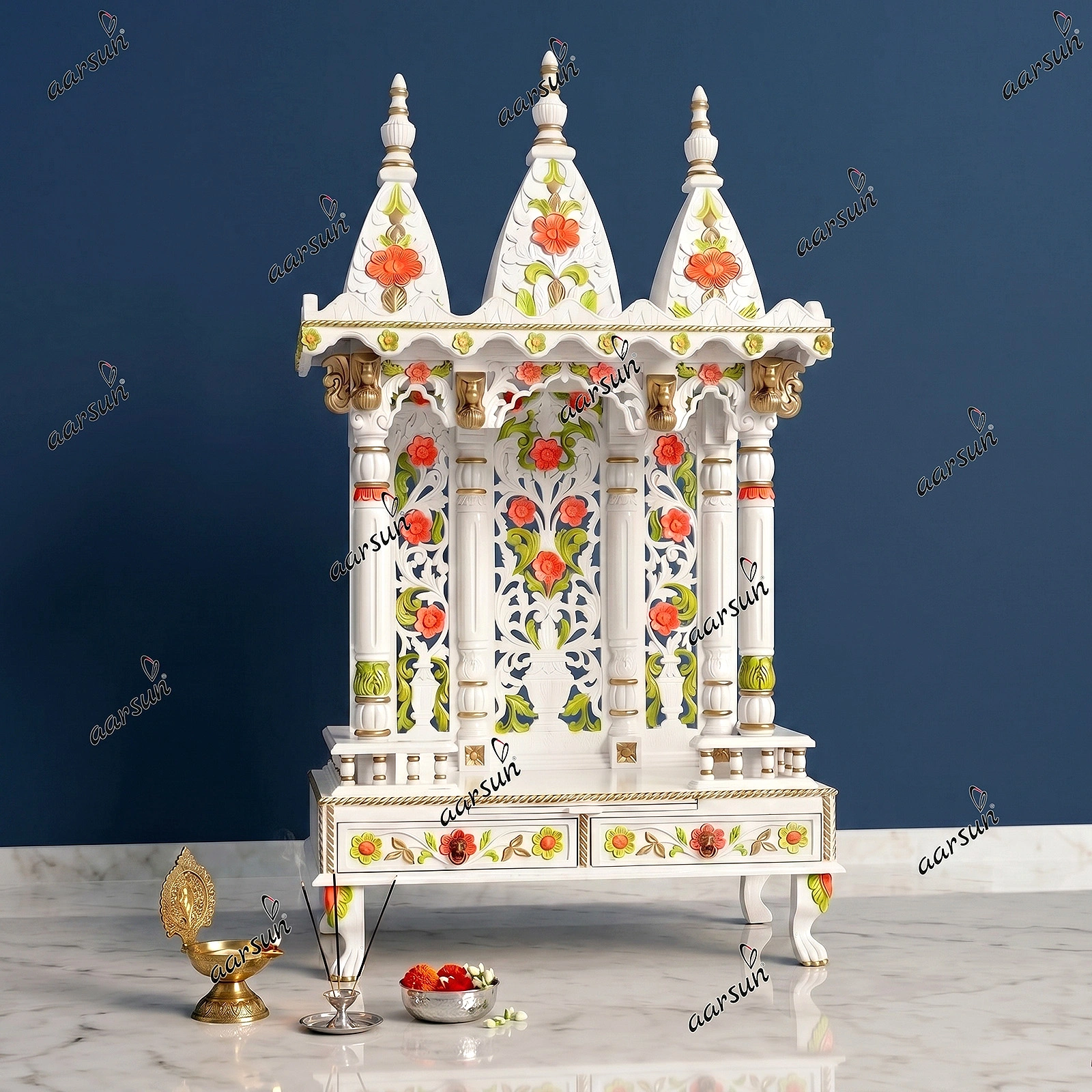North Indian Design mandir in Marble White Polish