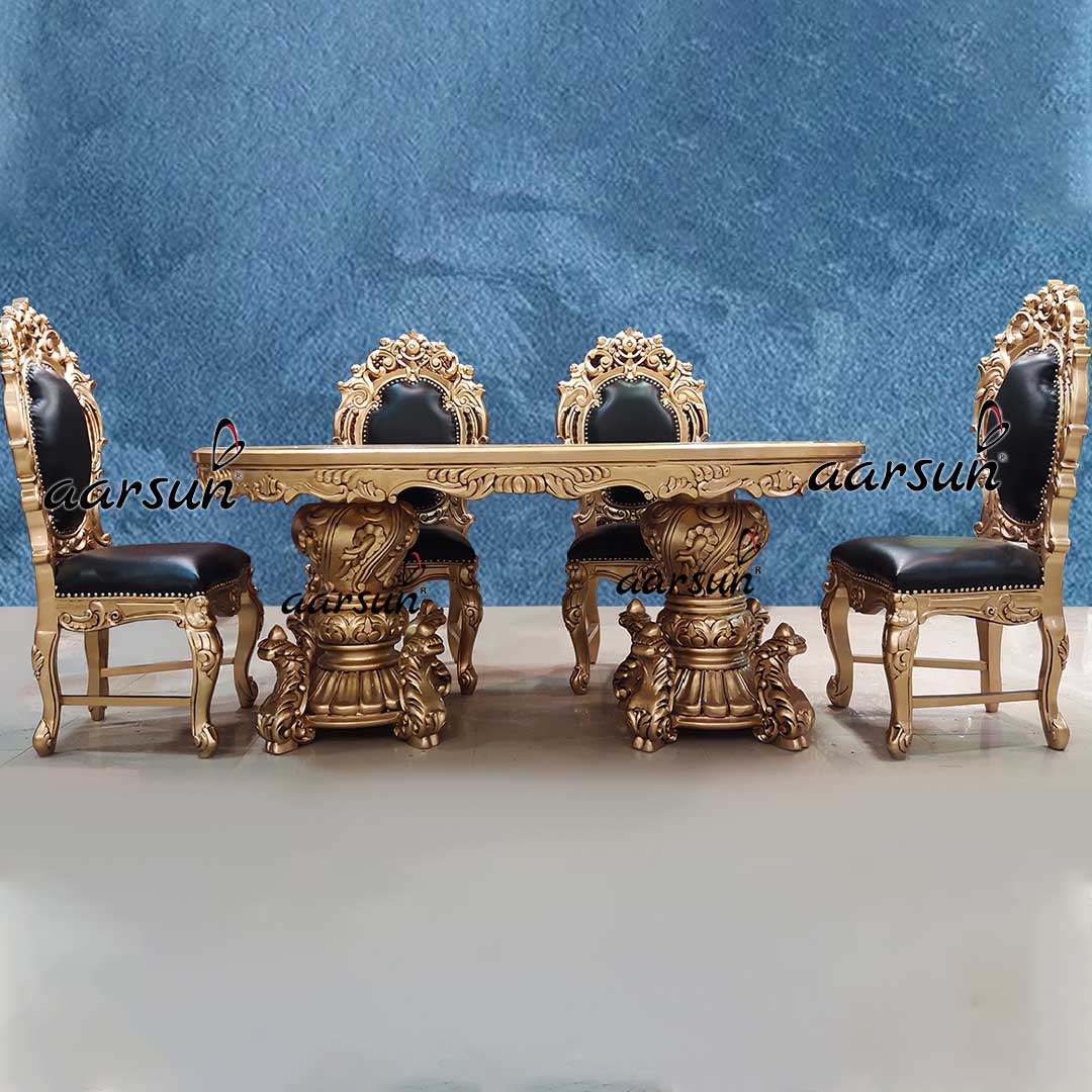 Luxurious-Dining-Set-6-Seater-in-Antique-Gold-Paint-Teak-Wood-YT-560-front