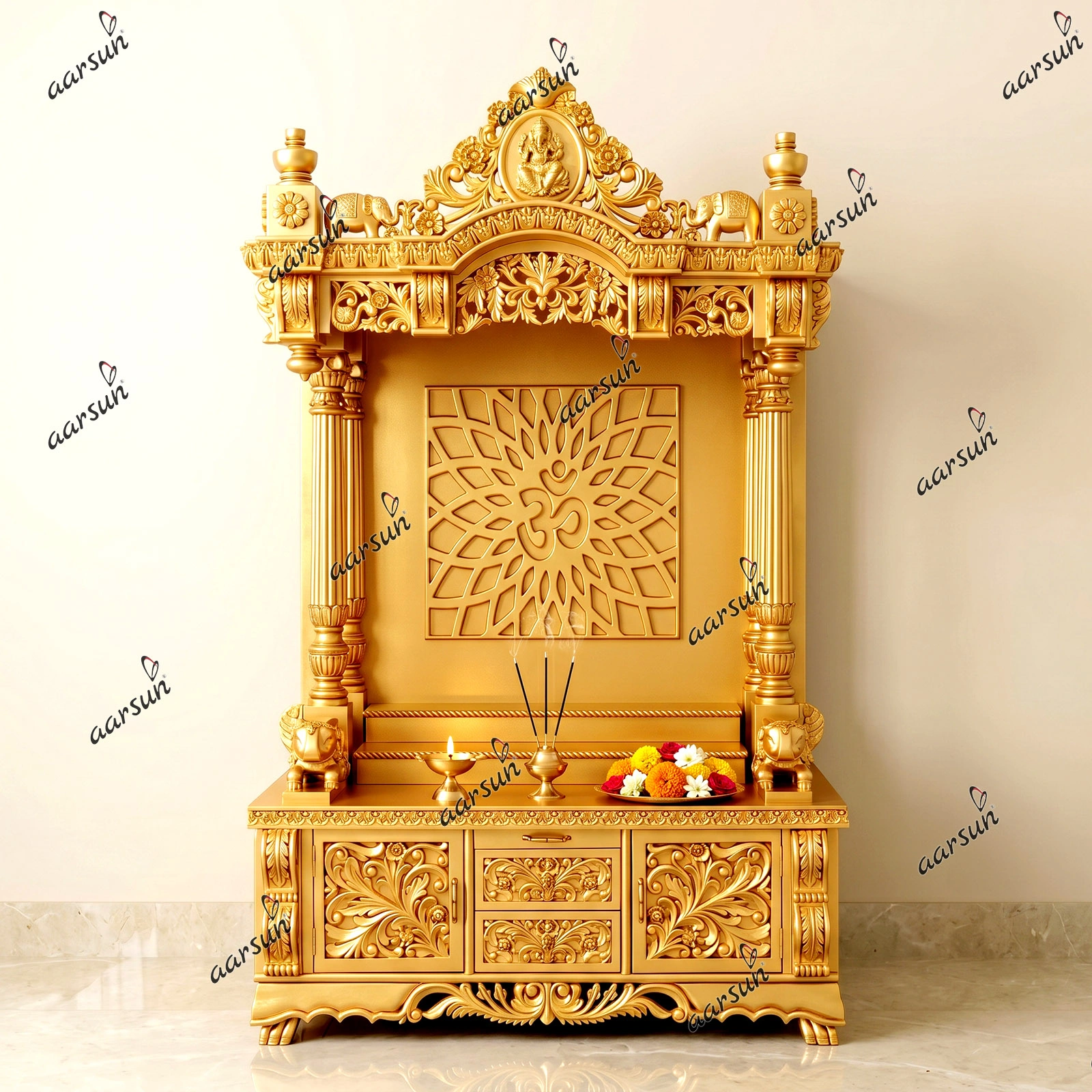 Golden Mandir design for home - MNDR - 992