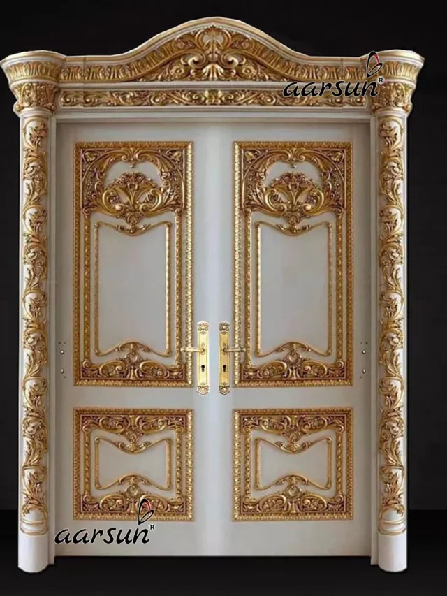 Double Door Design in White and Gold with Side Pillars and Top Frame - Aarsun