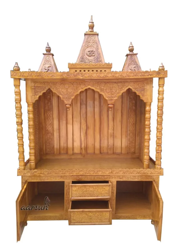 Cropped Aarsun Teak Wood Pooja Temple Open Cabinet design