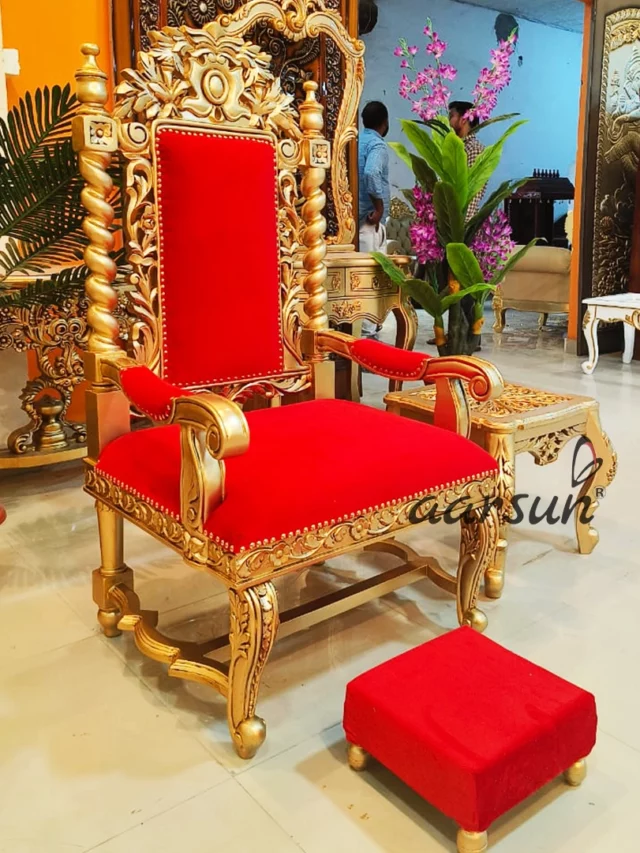 Aarsun Wooden Guruji Chair in Gold Finish with stool Global Delivery Available