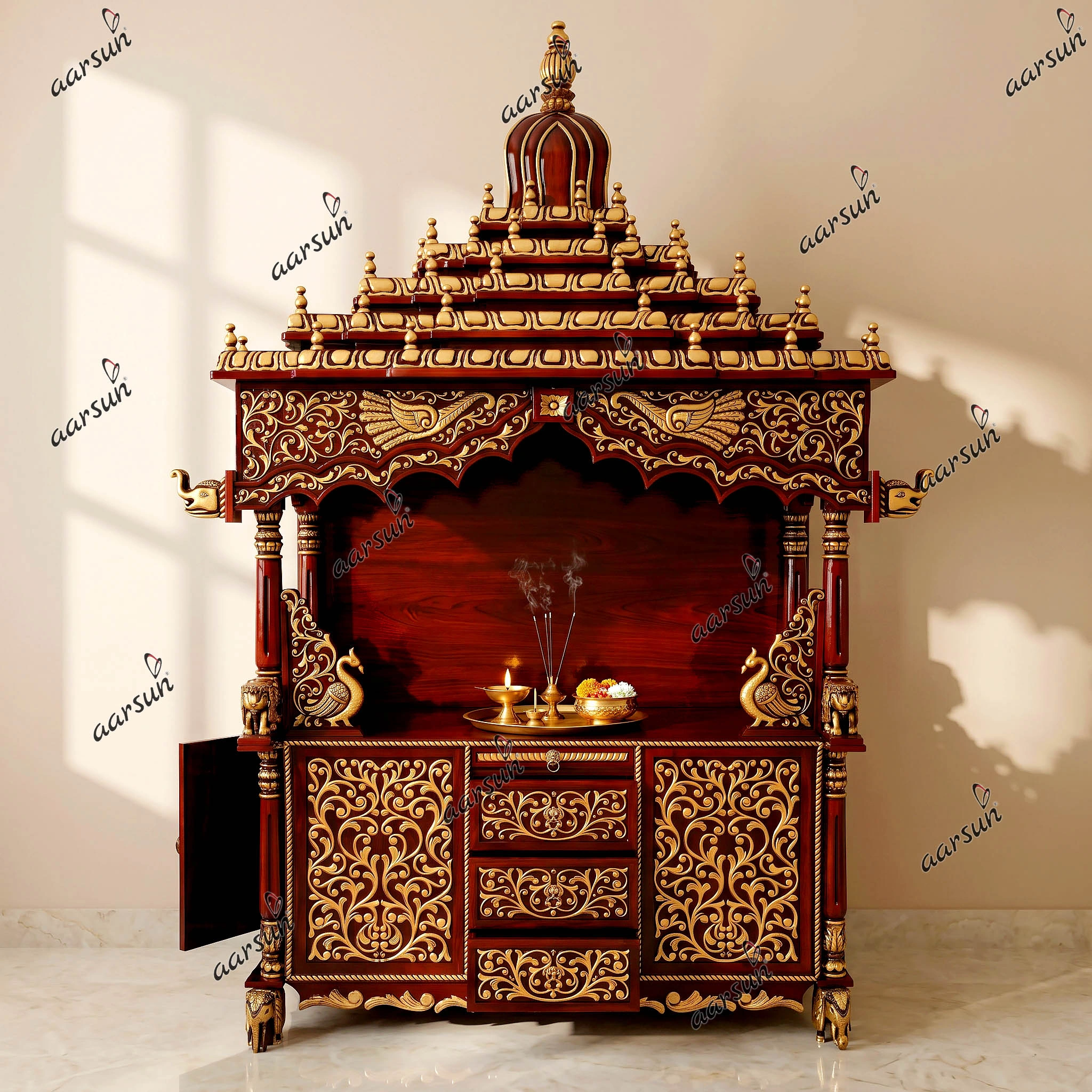 Wood temple with golden highlighting