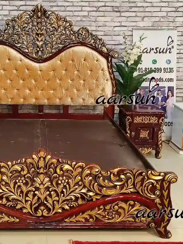 Royal Wooden Bed With Tufted headboard and golden Highlights