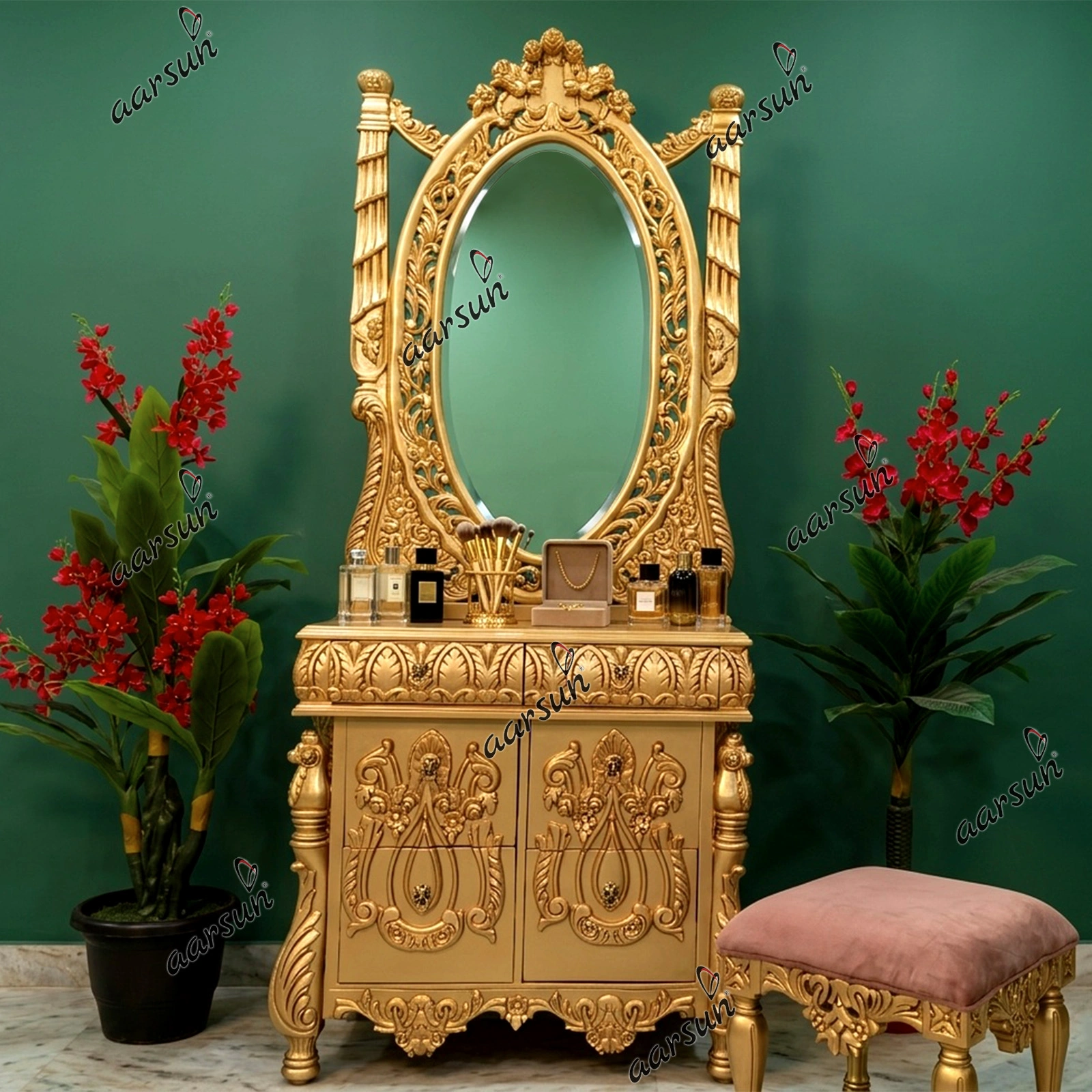 Elegant Dresser in Gold-Finish with Oval Mirror Frame