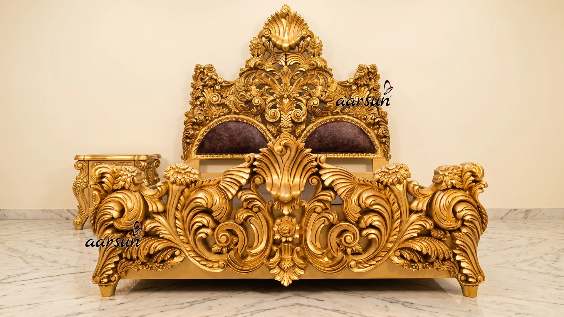 Wooden Carved Bed with side table