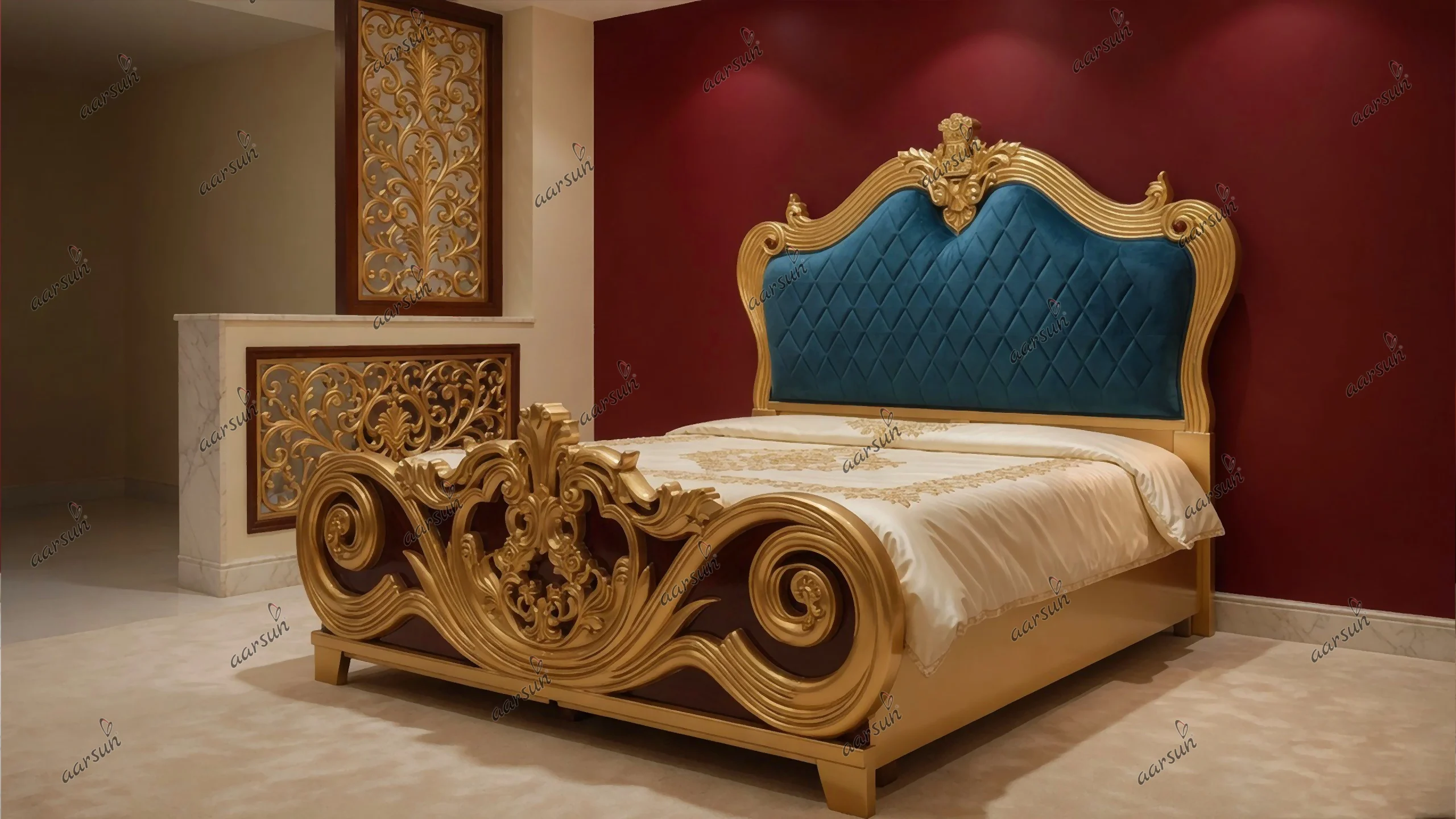 Teak Wood Bed in Gold Polish