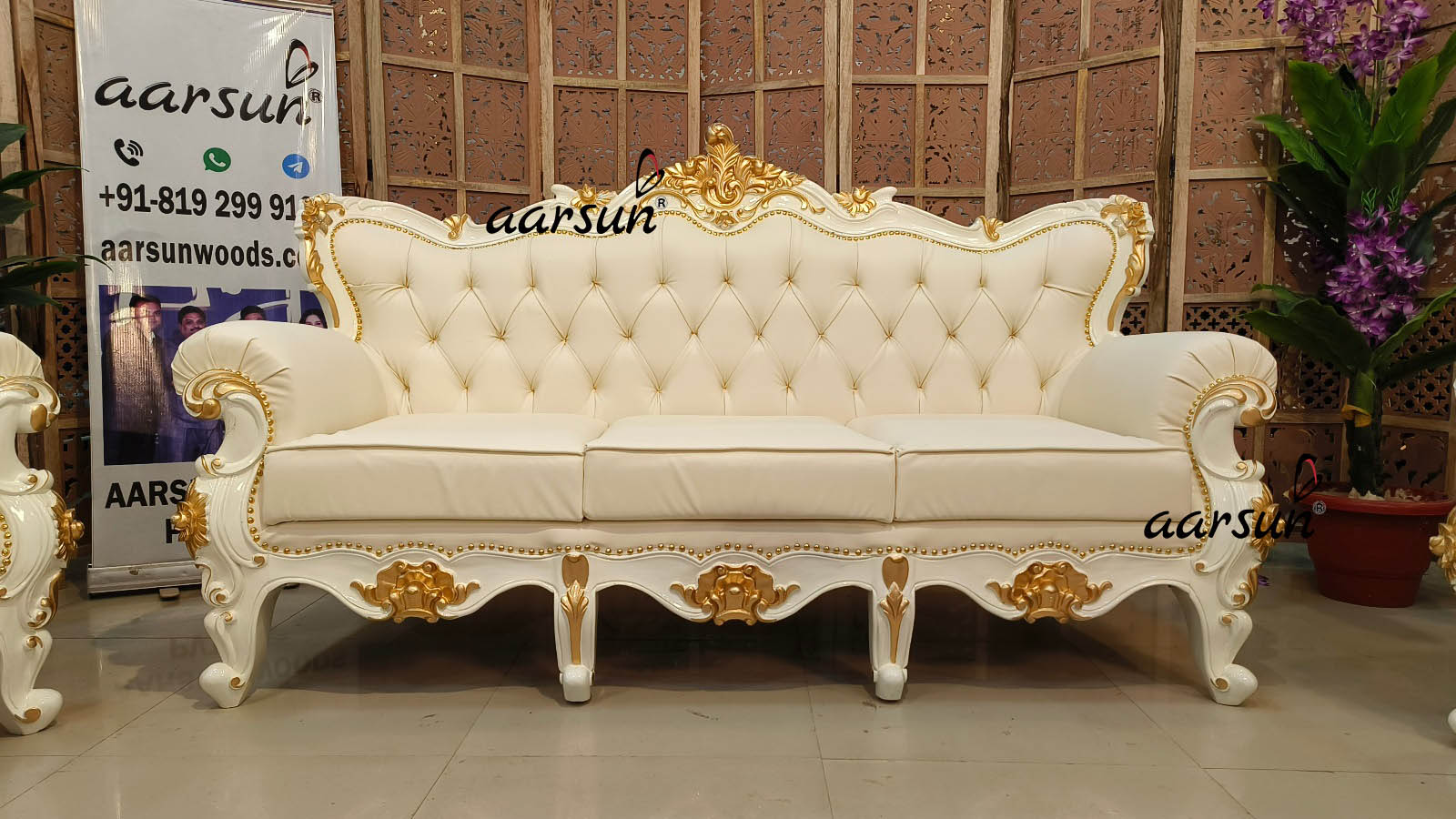 Wooden white Sofa set with golden Highlighting