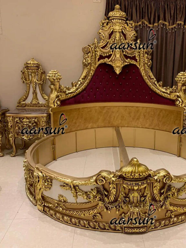 Wooden Round Bed in Gold Polish