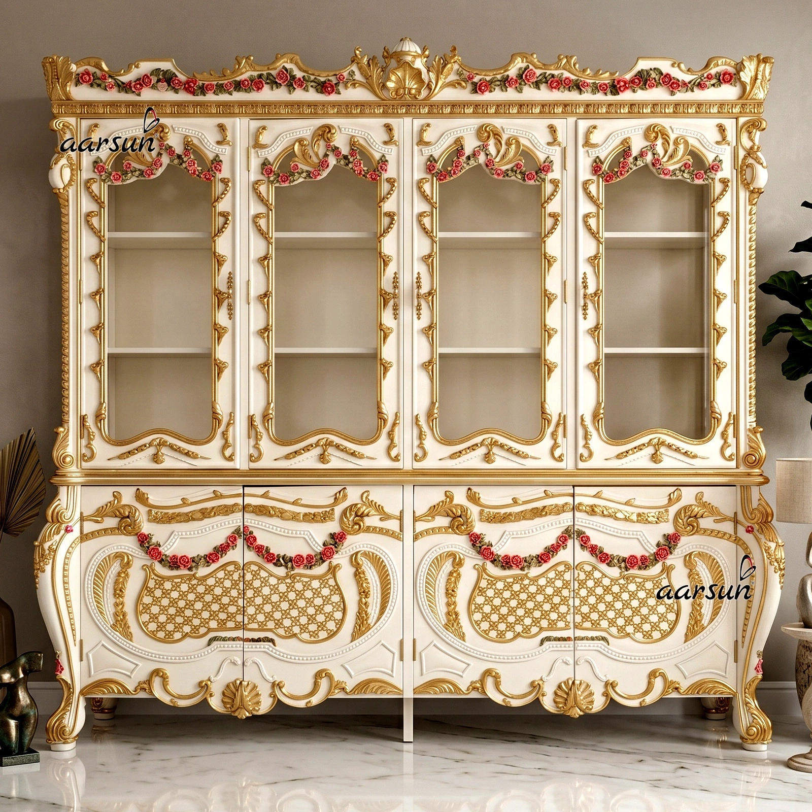 Royal gold crockery cabinet with elegant display shelves and premium storage compartments