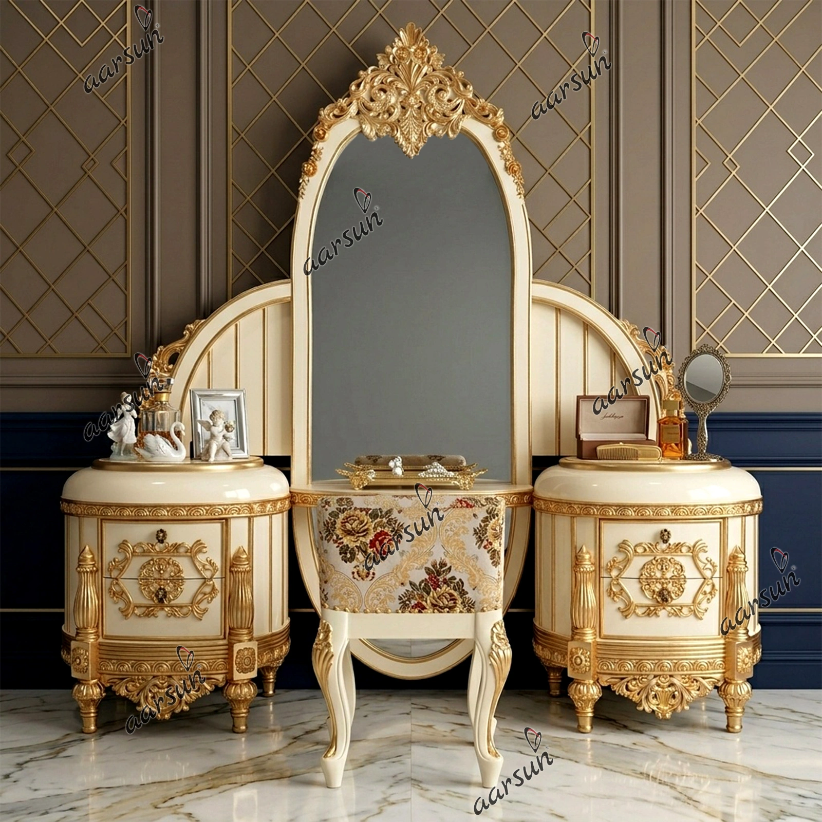 Beautiful Wooden Dresser with Gold Highlighting