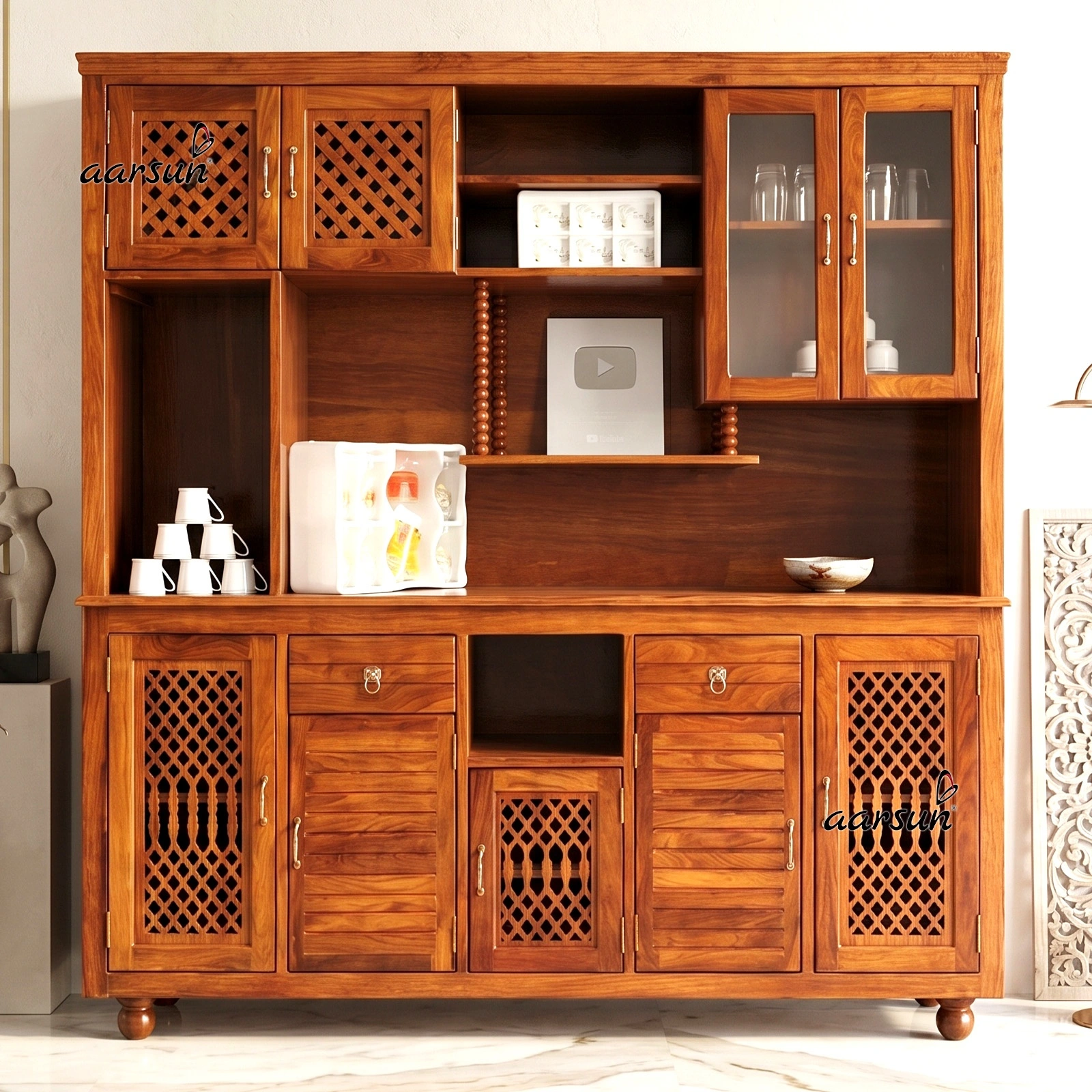 Modern style wooden crockery unit with glass display doors and spacious storage cabinets