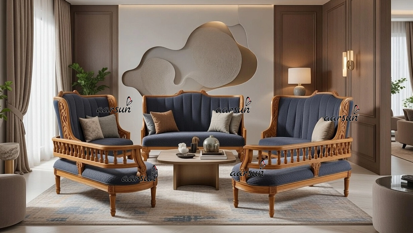 Red Oak Wood Sofa Set with Blue Fabric NT-027