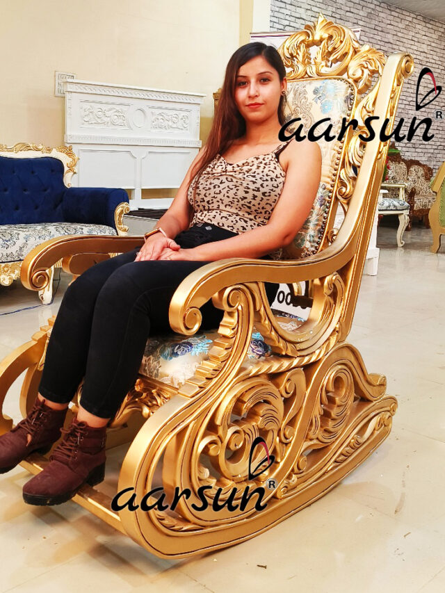 Wooden Carved Rocking Chair in Gold Polish