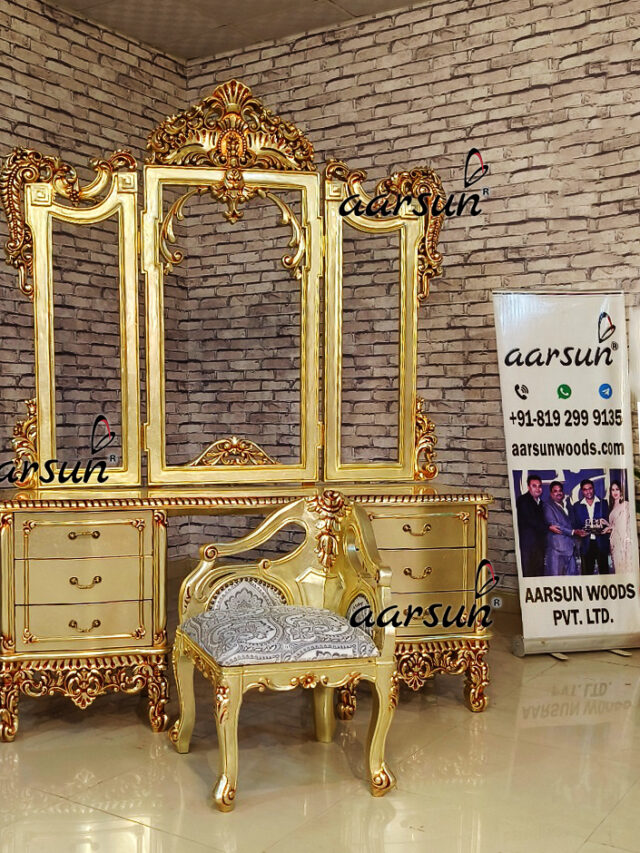 Wooden Dresser in Gold Polish with Stool