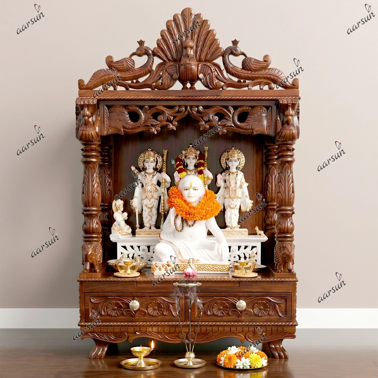 Designer Wooden Temple with Pillars and Peacock Motif