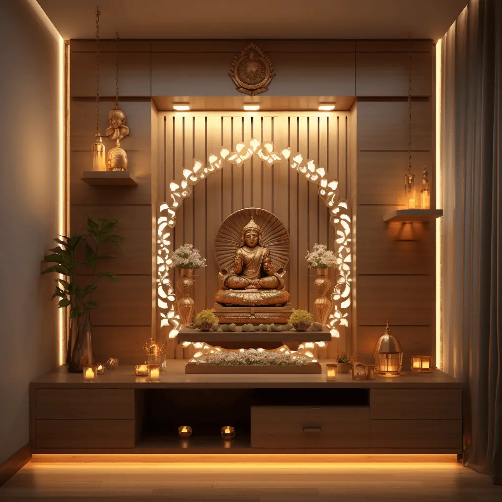 Hidden Wall Niche Mandir With Concealed Lighting For A Subtle Meditative Aura design