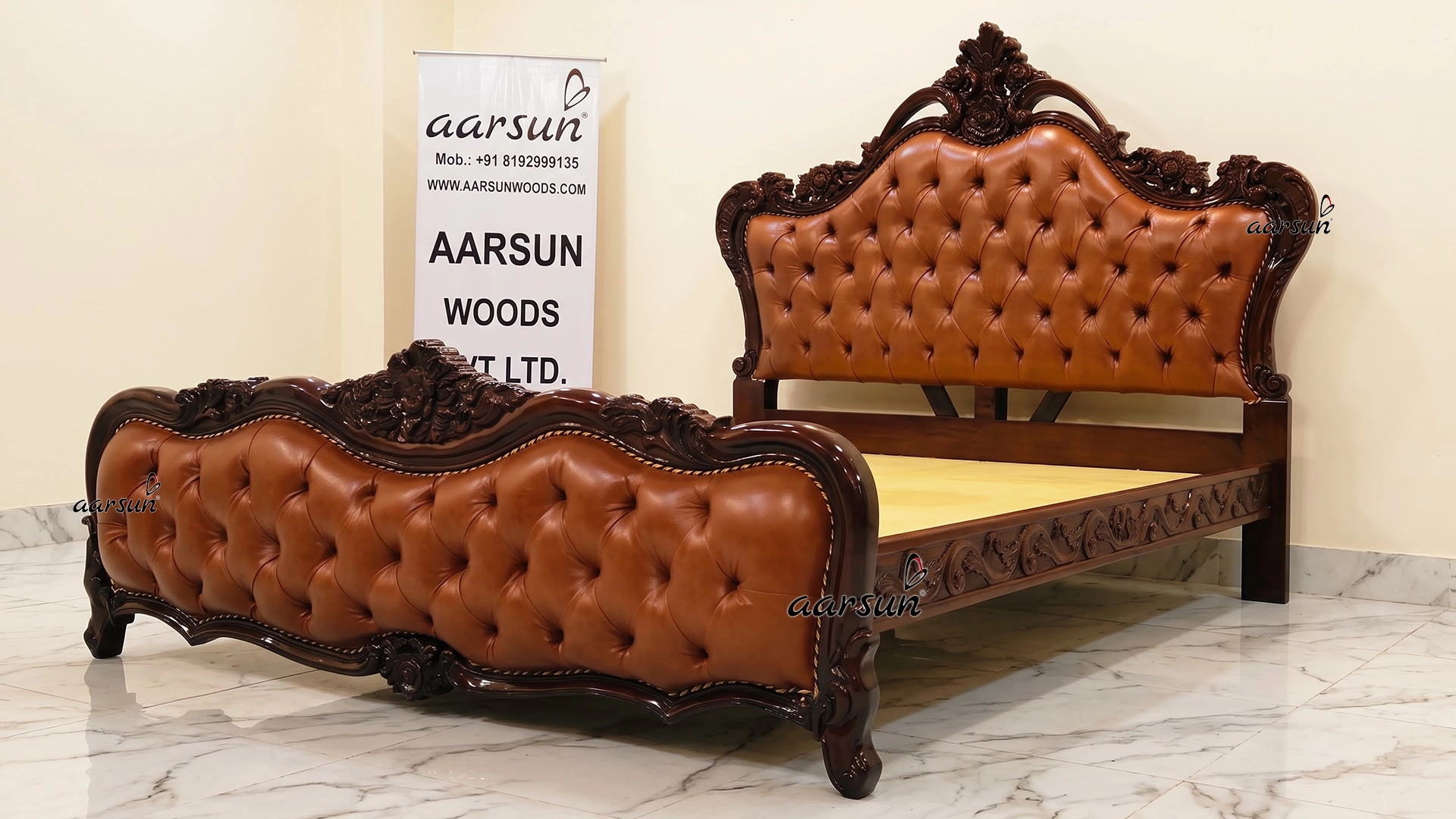 King Size Bed in Dual Tone Walnut Shade Carved in Teak