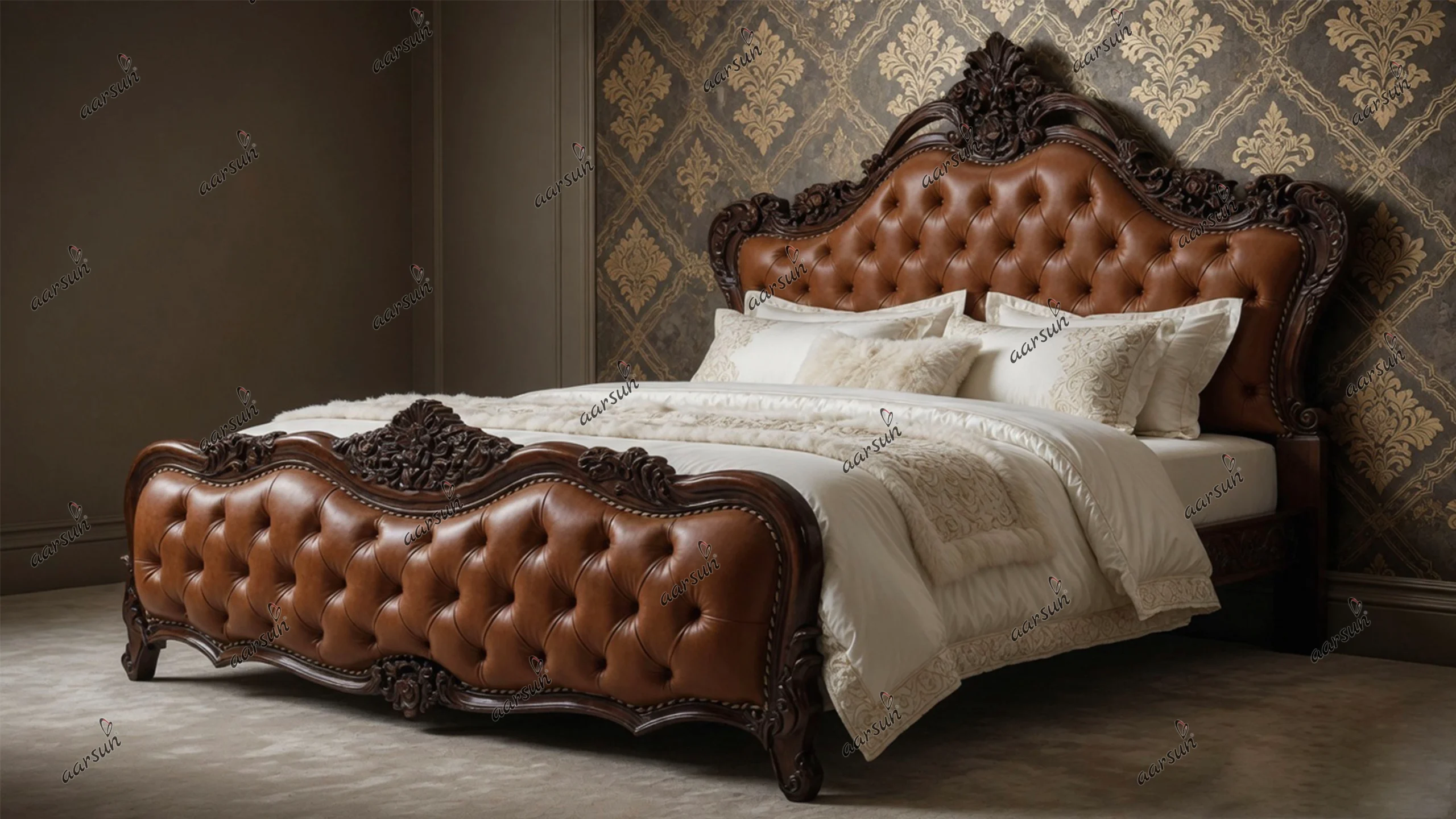 King Size Bed in Dual Tone Walnut Shade Carved in Teak