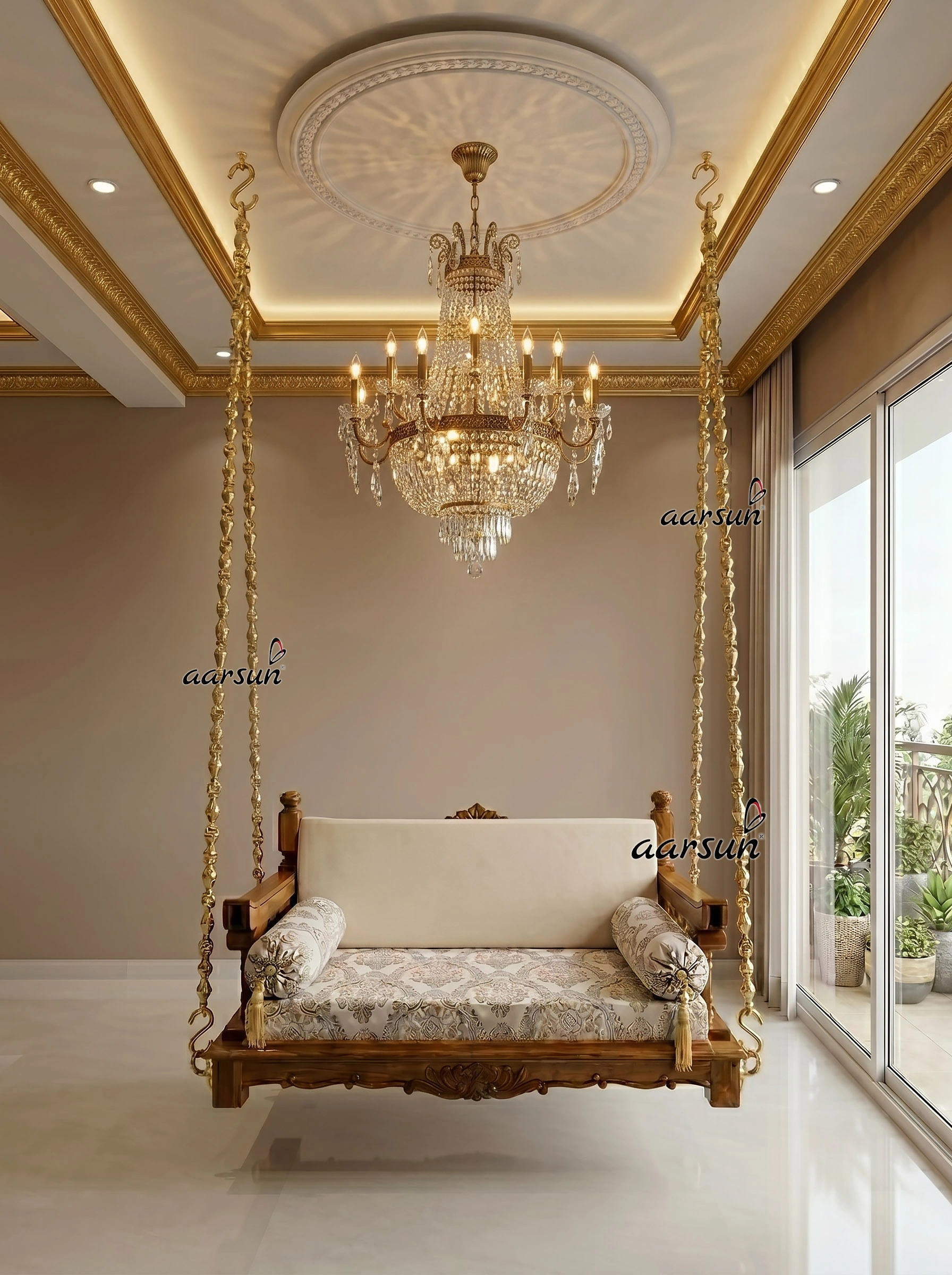 Artistic Teak Wood Ceiling Jhula with Reversible Seating Feature