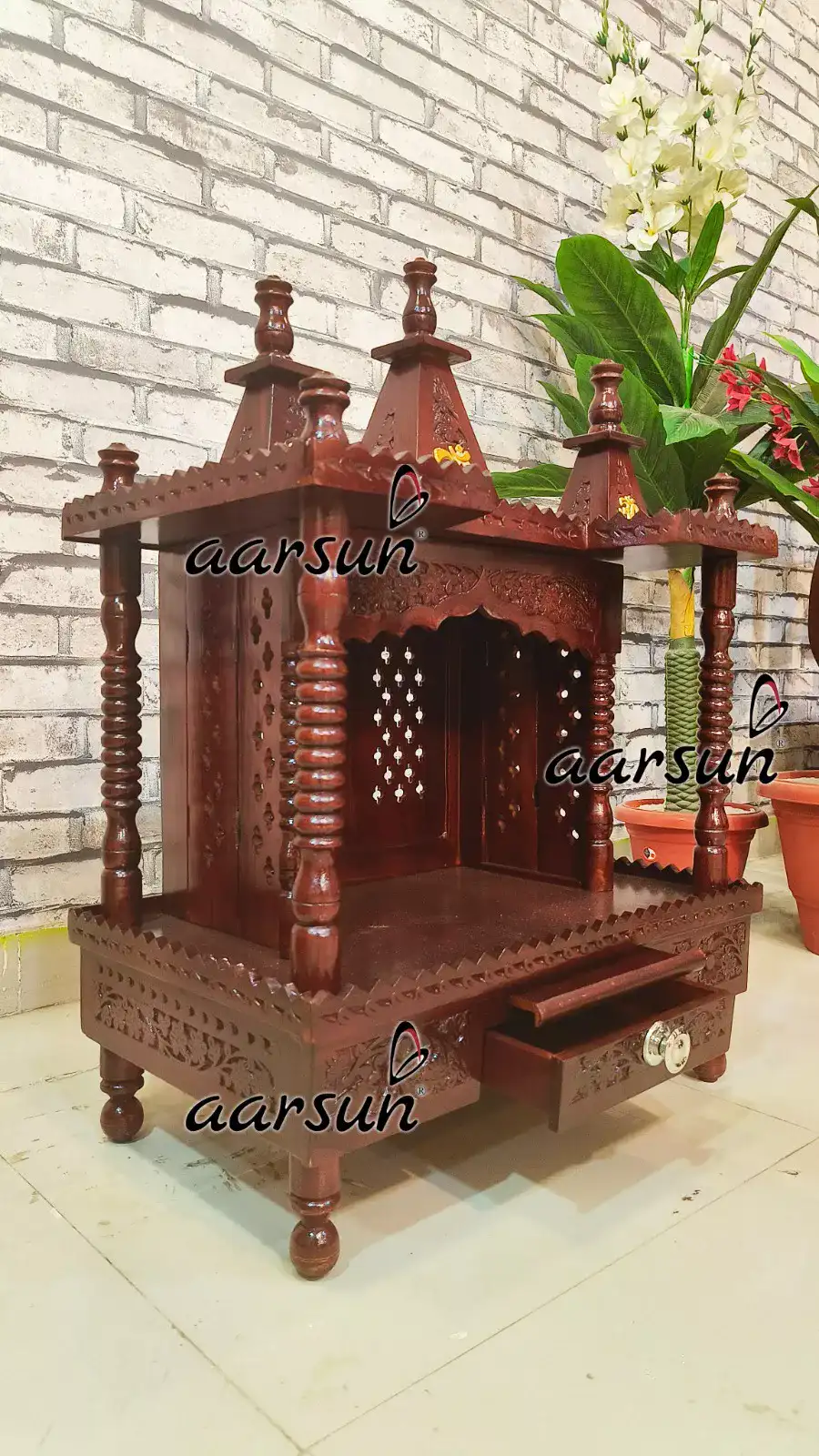 Aarsun Wooden Puja Mandir With 3 Domes And Om Symbols design