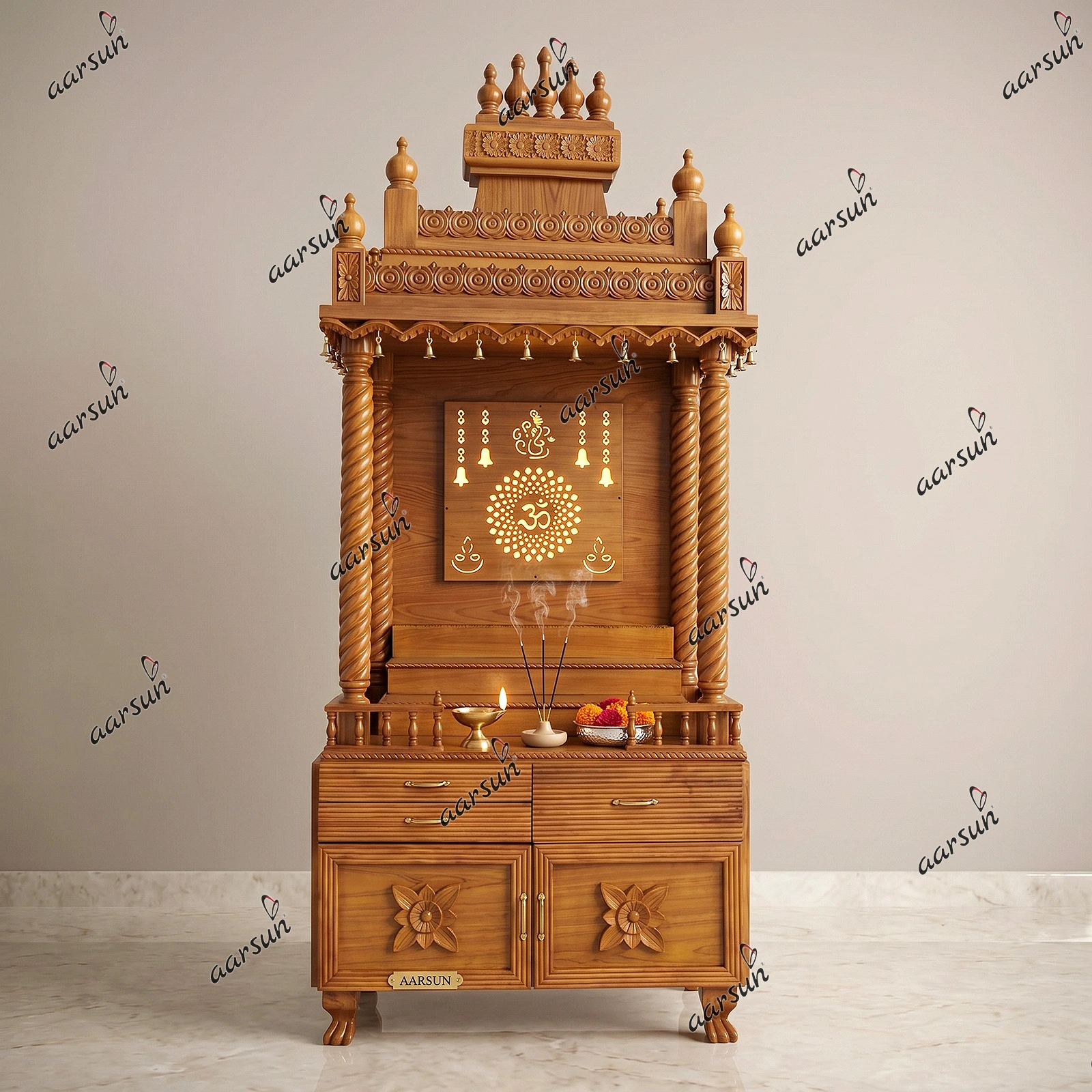 Modern Pooja Mandir with Back Om Design, Jali Work