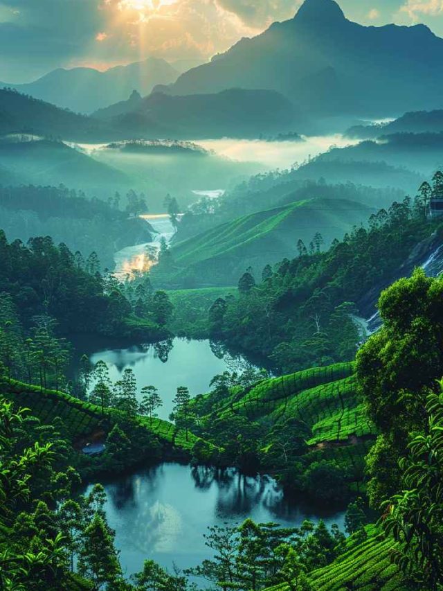 a landscape with a river and mountains