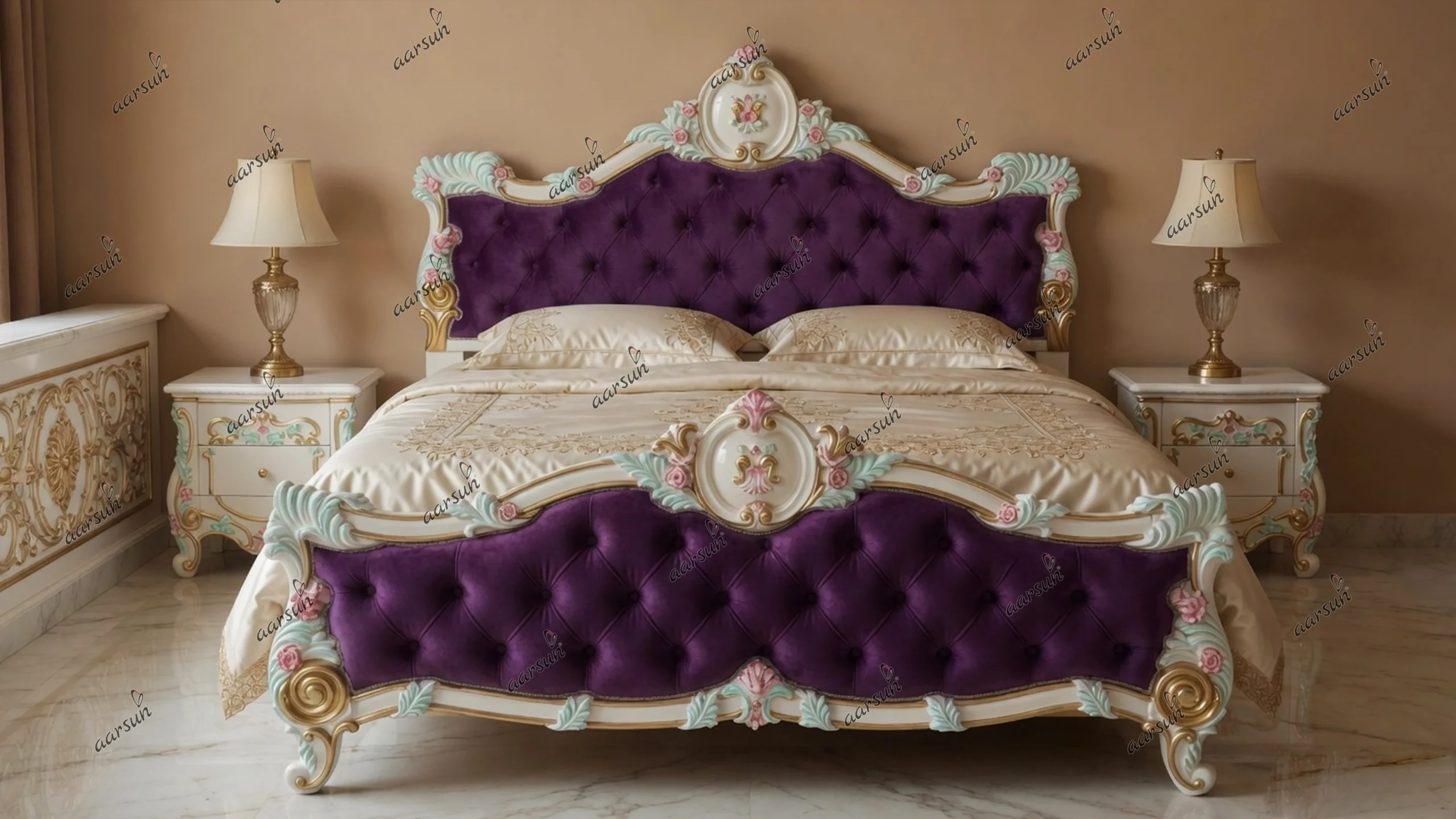 King Size Bed - White Polish with Velvet Fabric UH-YT-125