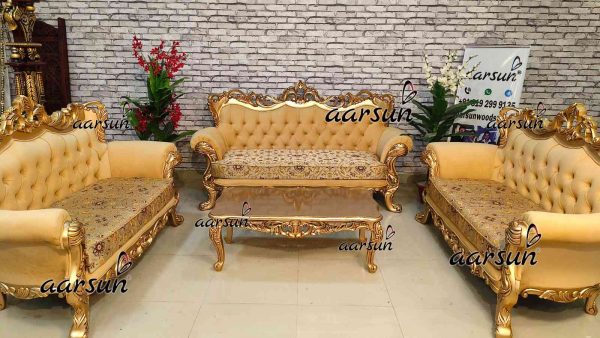 Teak Wood Sofa Set with Antique Gold Color