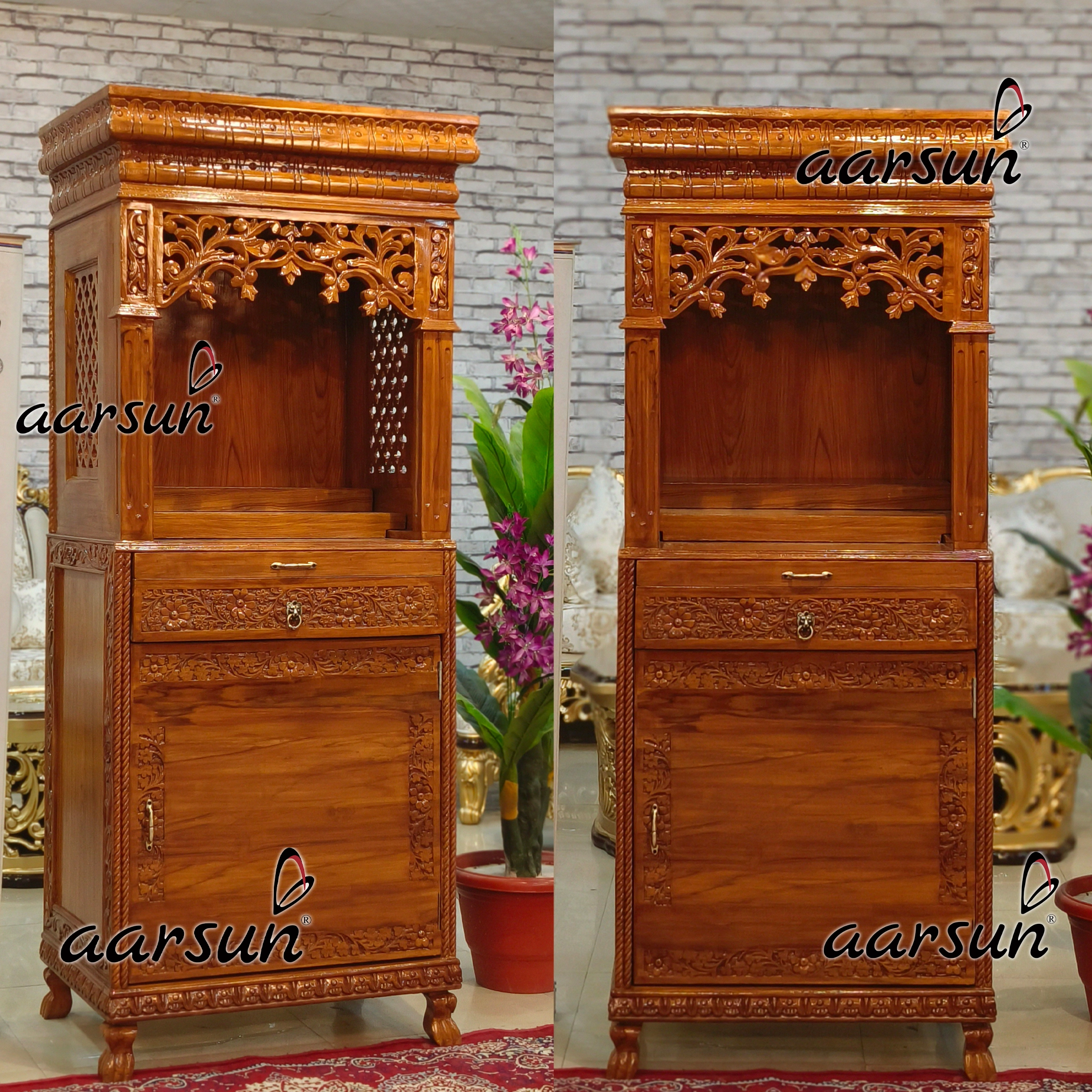 wooden mandir, latest design mandir, royal wooden mandir, wooden mandir new designs, latest royal hand carved temples, hand carved temples, Aarsun temples