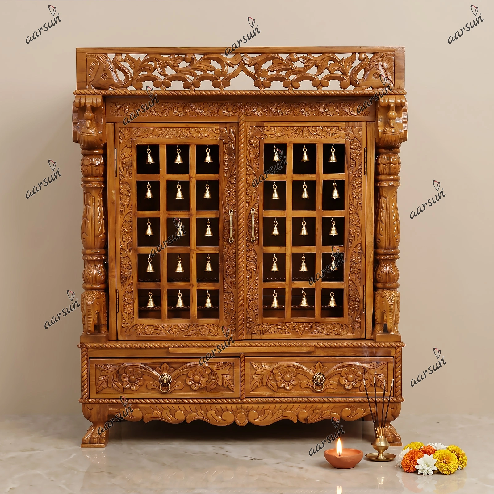 Classic Teakwood Temple with Masterful Carvings and Natural Finish